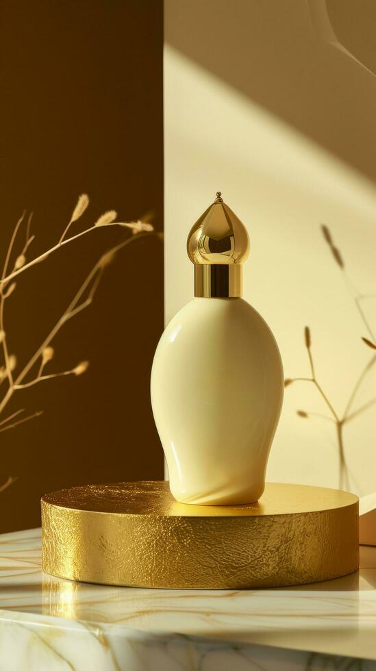 AI generated a bottle of cream sitting on a gold board photo