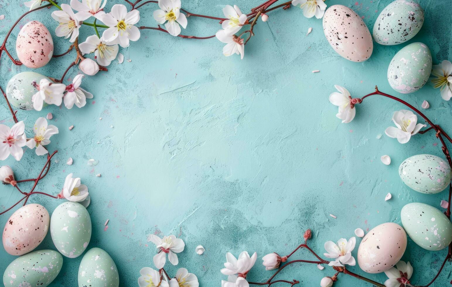 AI generated a round frame with easter eggs and spring flowers on a turquoise background photo