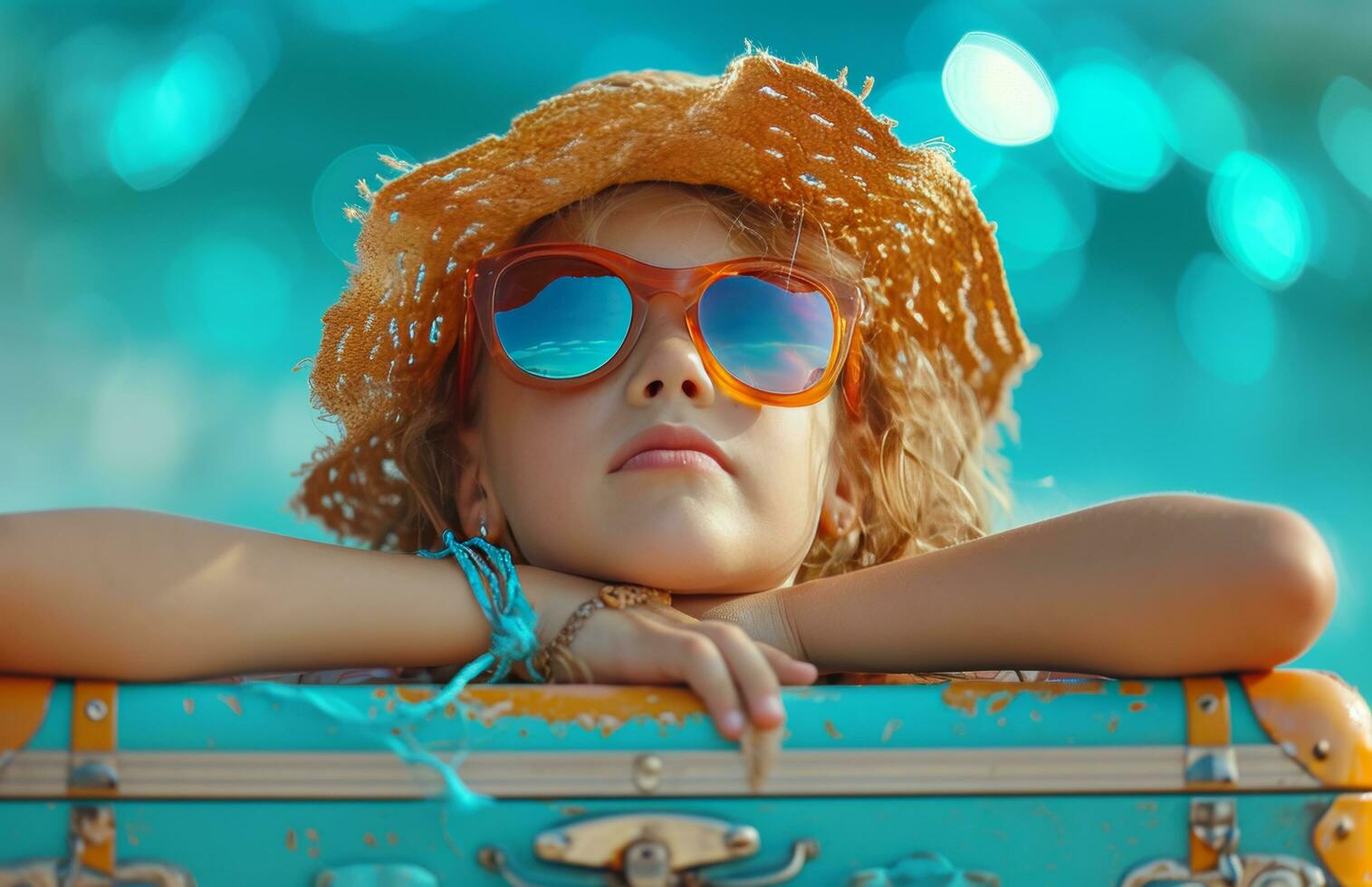 AI generated a girl wearing sunglasses and a hat looks up from being on top of a suitcase photo
