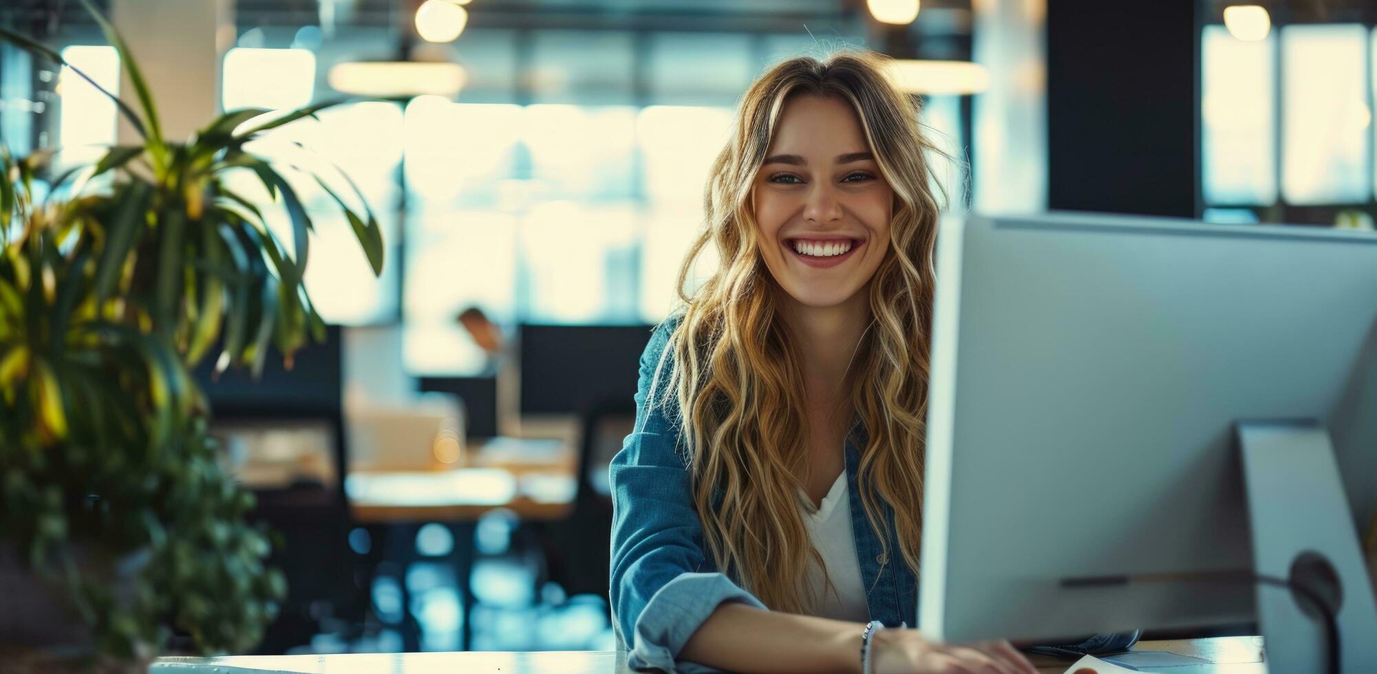 AI generated a smiling woman dressed in an office is sitting in front of her computer sitting in an office photo
