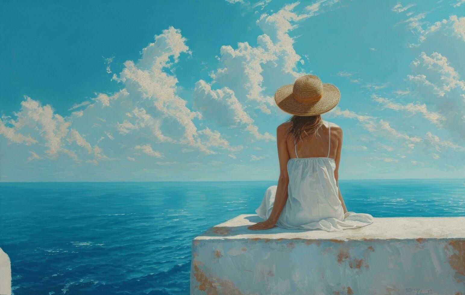 AI generated a woman in a hat sitting on the ledge of a wall overlooking the ocean photo