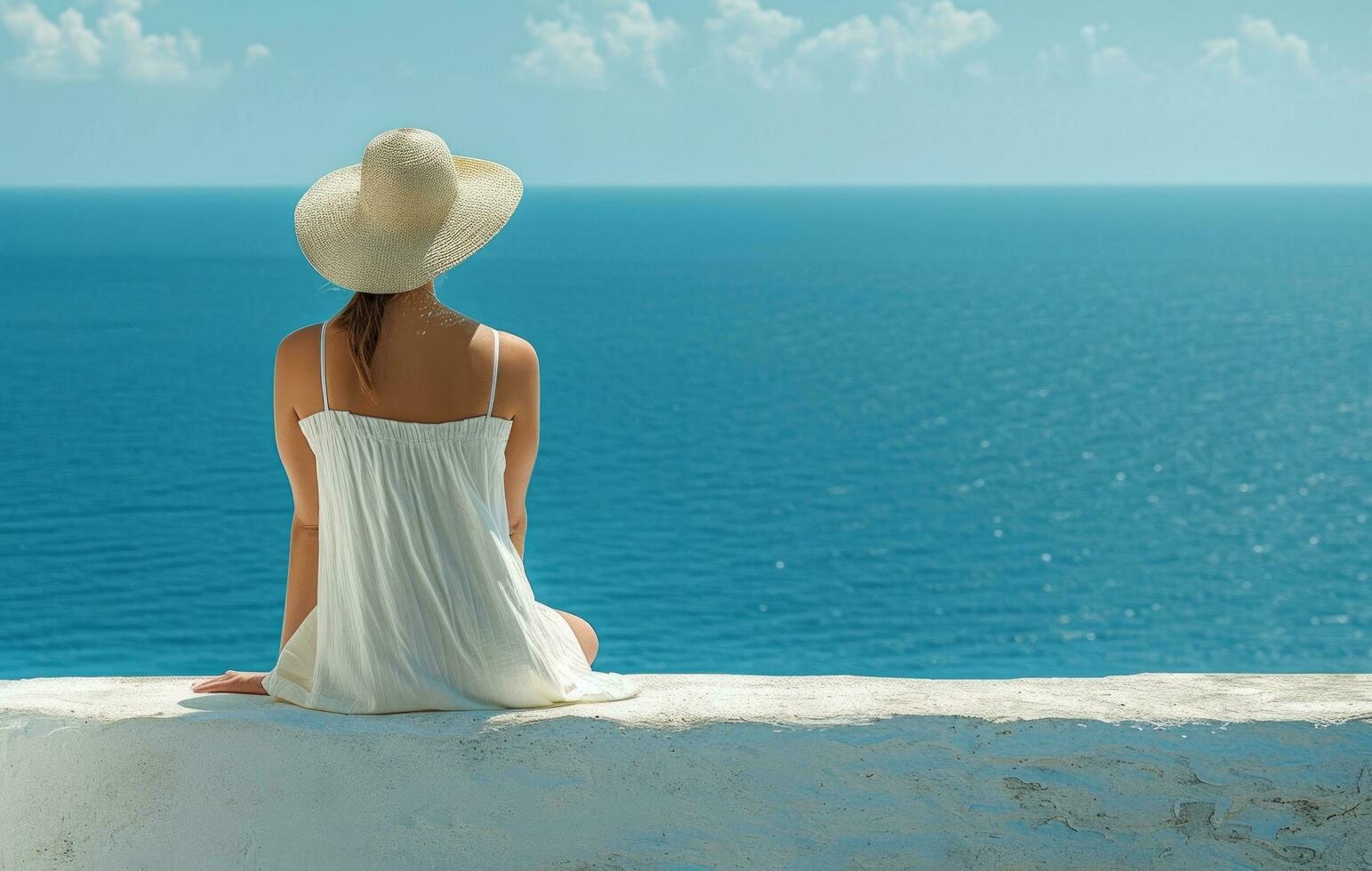 AI generated a woman in a hat sitting on the ledge of a wall overlooking the ocean photo