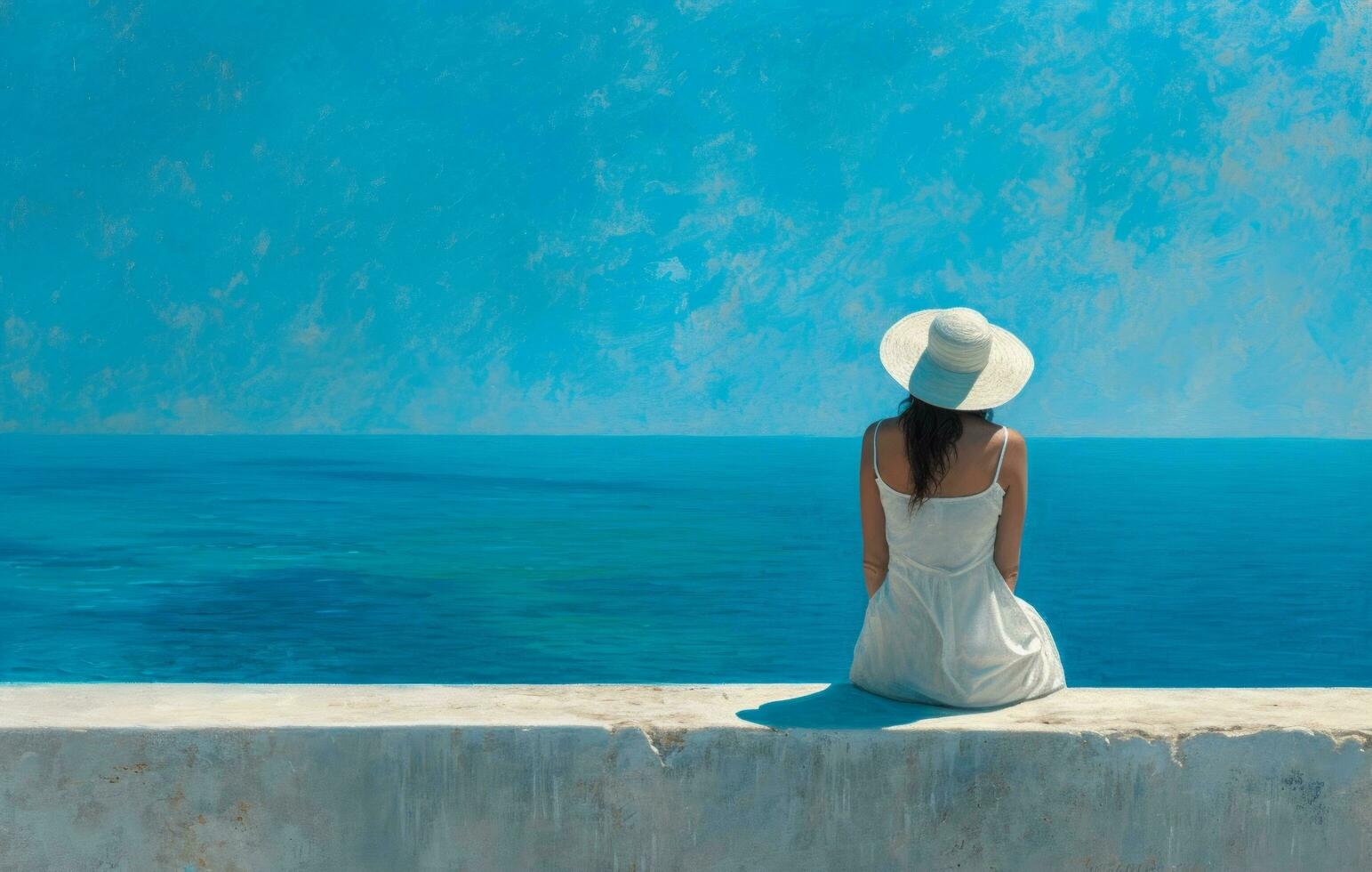 AI generated a woman in a hat sitting on the ledge of a wall overlooking the ocean photo