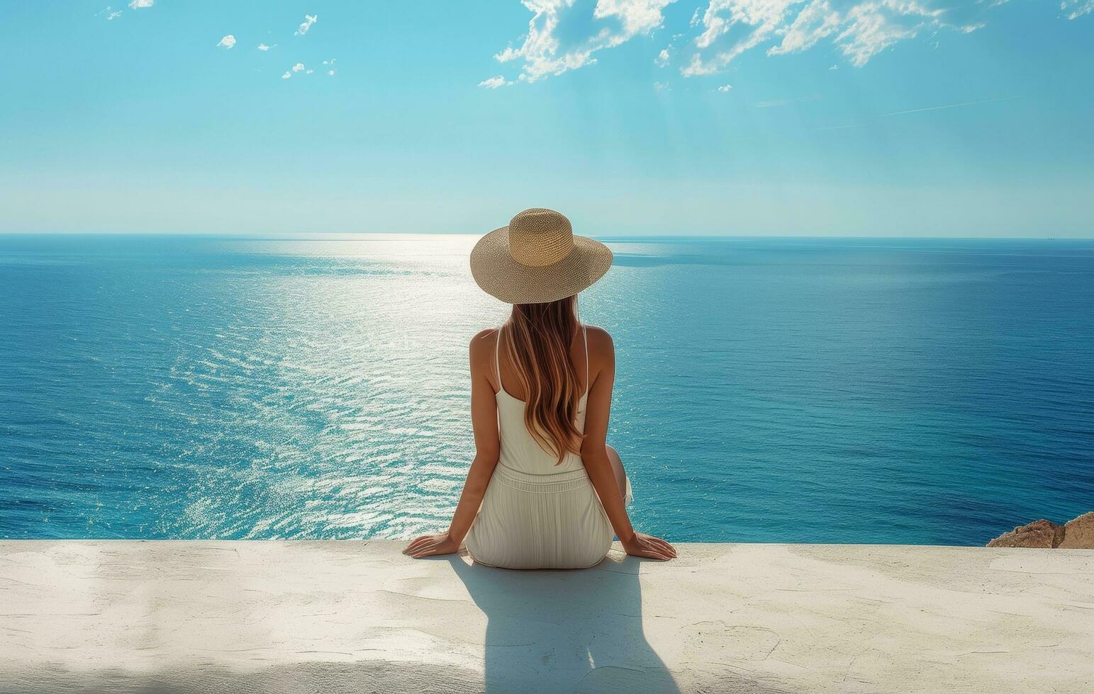 AI generated a woman with a hat sits on the edge of a wall looking out at the sea photo