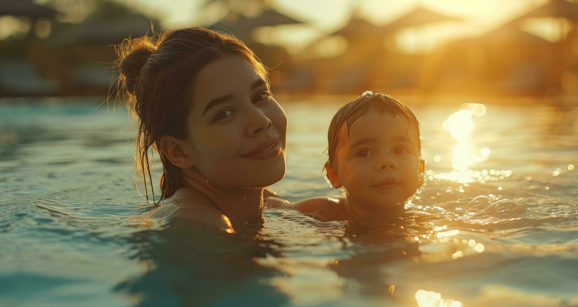 ai generado un mujer y niño sentado en un nadando piscina en Brillo Solar contento agua bebé foto