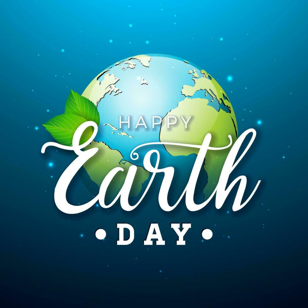 Earth Day Illustration with Planet and Green Leaf on Blue Background. April 22 Environment World Map Concept. Vector Save the Planet Design for Banner, Poster or Greeting Card