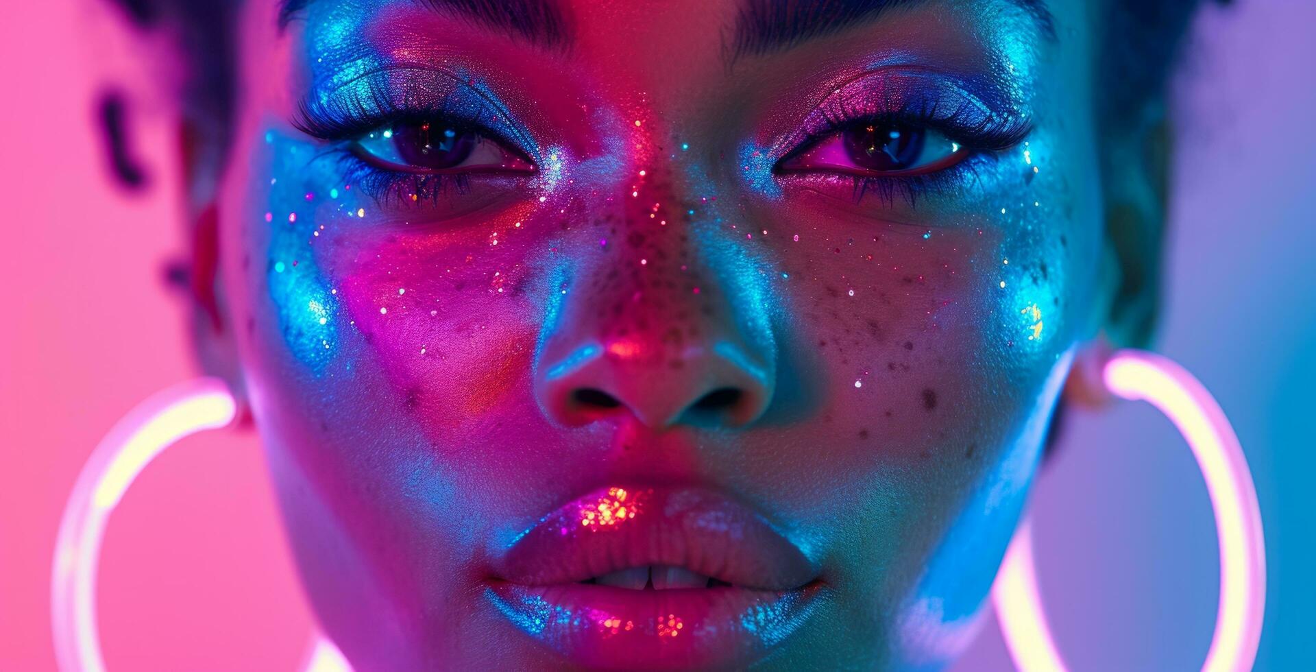 AI generated a woman's face with some colorful neon lights and white large hoop earrings photo