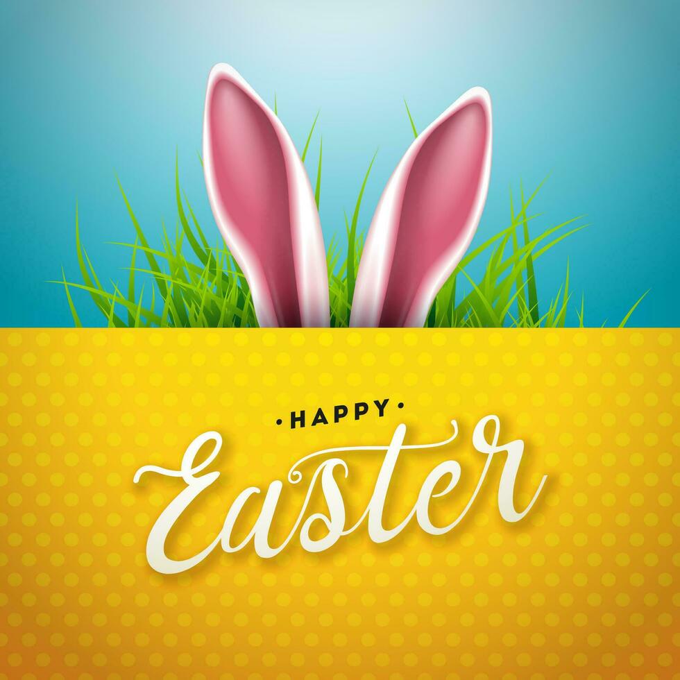 Vector Illustration of Happy Easter Holiday with Rabbit Ear and Green Grass on Shiny Blue Background. International Resurrection Celebration Design with Typography Letter for Greeting Card