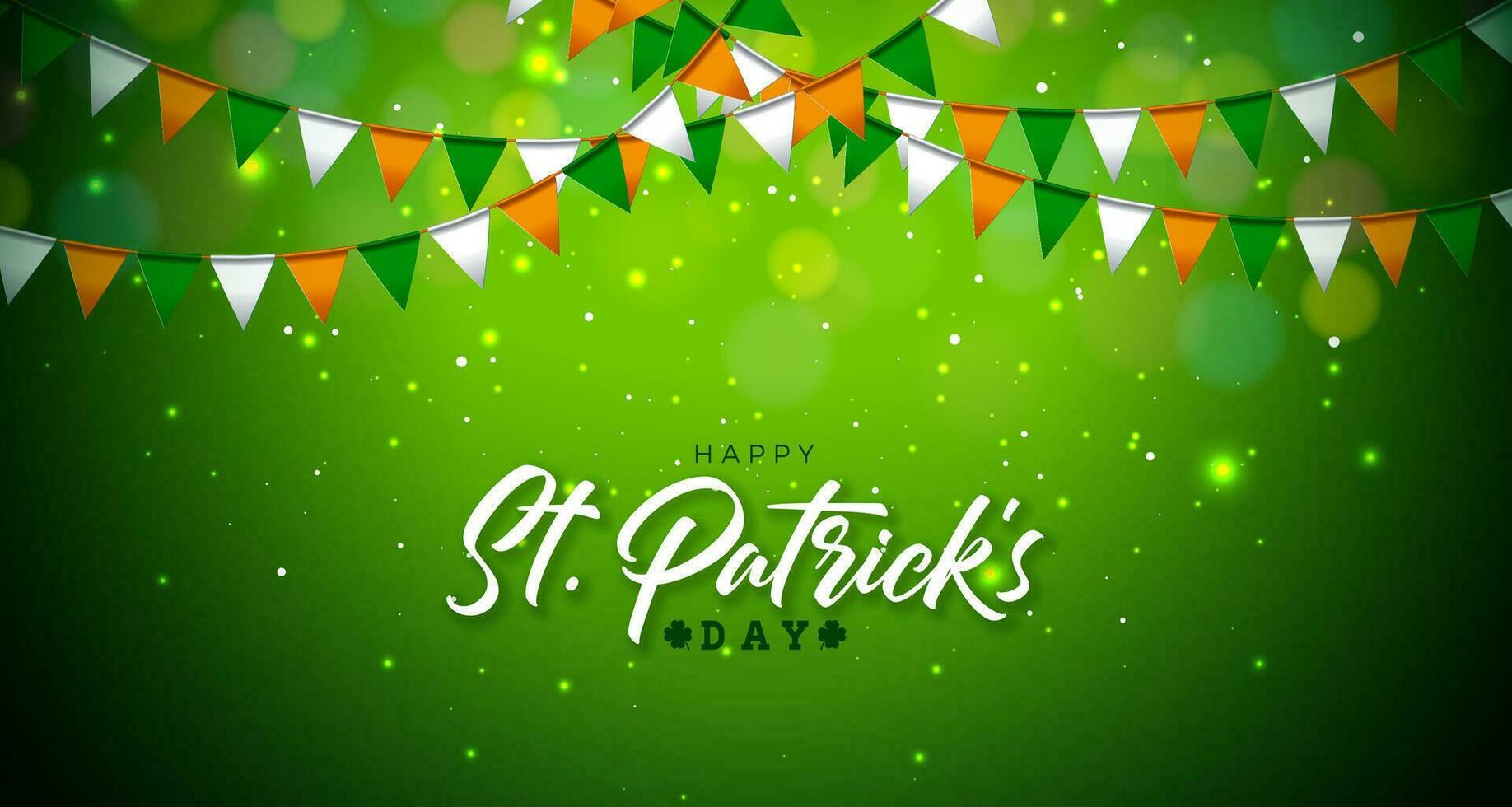 Santo patrick's día ilustración con irlandesa nacional color fiesta bandera y tipografía letra en brillante verde antecedentes. S t. patricks día suerte celebracion vector diseño para volantes, saludo tarjeta