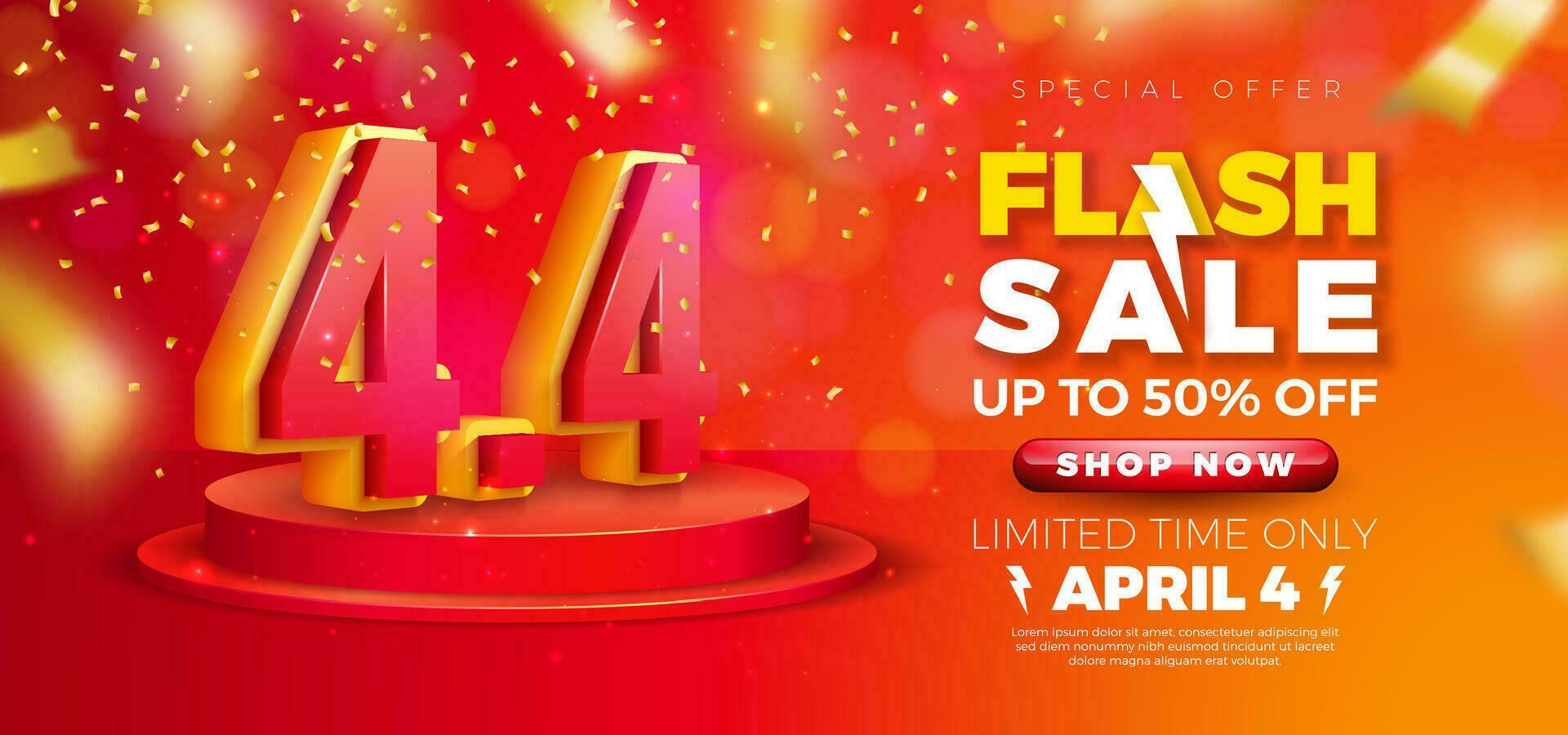 Promotional Business Sale Theme Design with 3d 4.4 Number on Podium and Falling Confetti on Red Background. Vector April 4 Special Offer Illustration for Coupon, Voucher, Banner, Flyer,