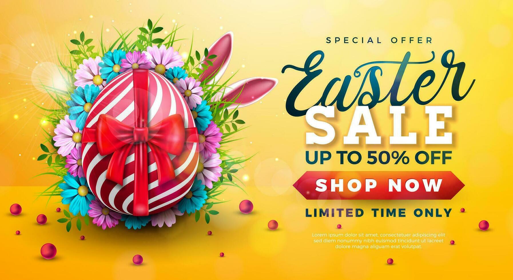 Easter Sale Illustration with Painted Egg, Red Bow and Spring Flower on Shiny Yellow Background.. Vector Easter Holiday Design Template for Coupon, Banner, Voucher or Promotional Poster