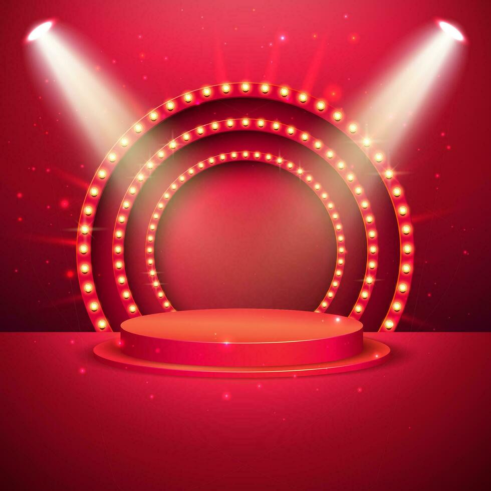 Celebration Design with Stage Podium and Lighting for Award Ceremony on Red Background. Vector Festive Illustration with Spotlight for Flyer, Greeting Card, Banner, Holiday Poster or Party Invitation