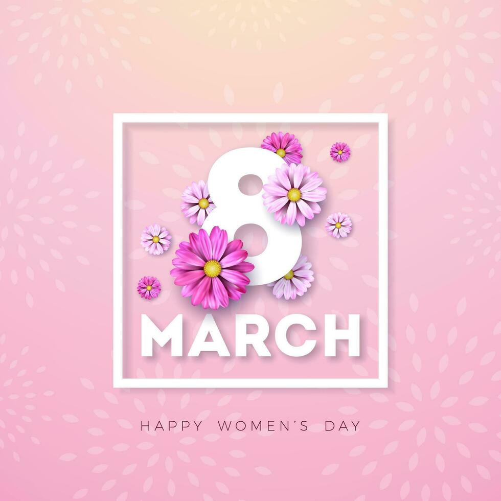 8 March. Happy Womens Day Floral Greeting card. International Holiday Illustration with Flower Design on Pink Background. Vector Spring Template