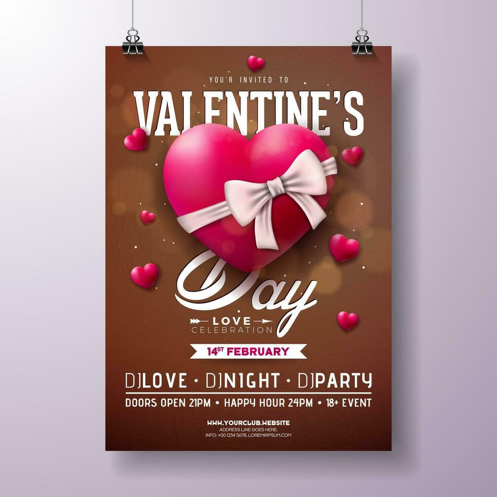 Vector Valentines Day Party Flyer Design with Red Heart and White Bow on Shiny Brown Background. Vector Saint Valentine Day Romantic Love Design for Flyer,,Holiday Poster or Party Invitation