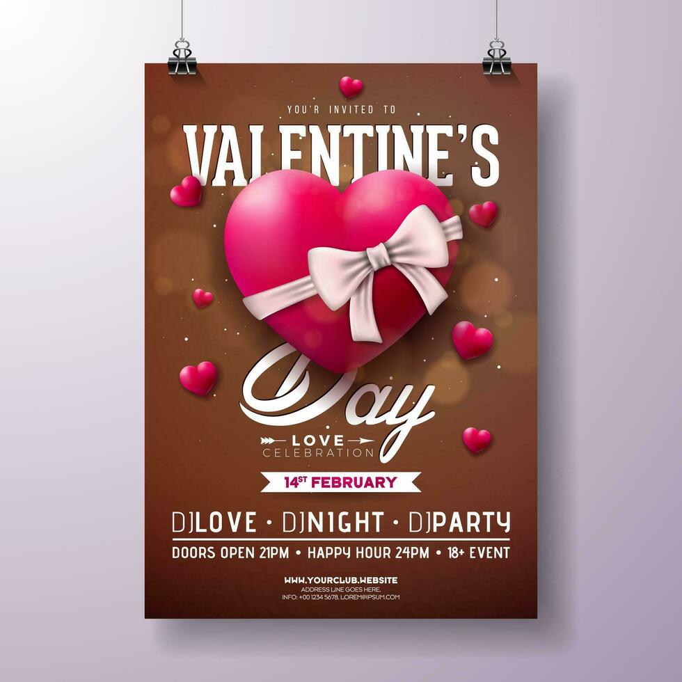 vector san valentin día fiesta volantes diseño con rojo corazón y blanco arco en brillante marrón antecedentes. vector Santo enamorado día romántico amor diseño para folleto, vacaciones póster o fiesta invitación