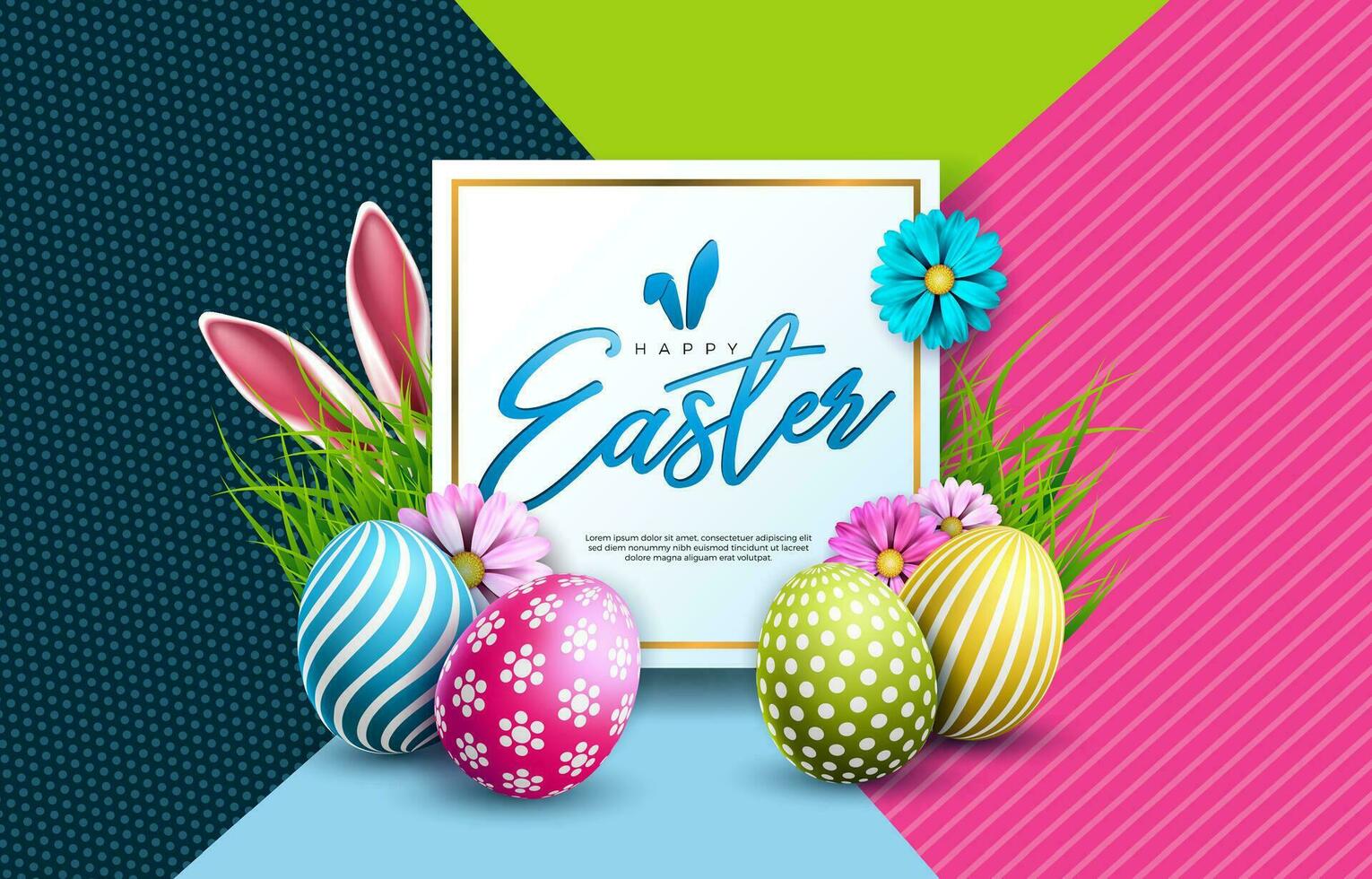 Vector Illustration of Happy Easter Holiday with Colorful Painted Egg on Abstract Background. International Celebration Design with Typography for Greeting Card, Party Invitation or Promo Banner