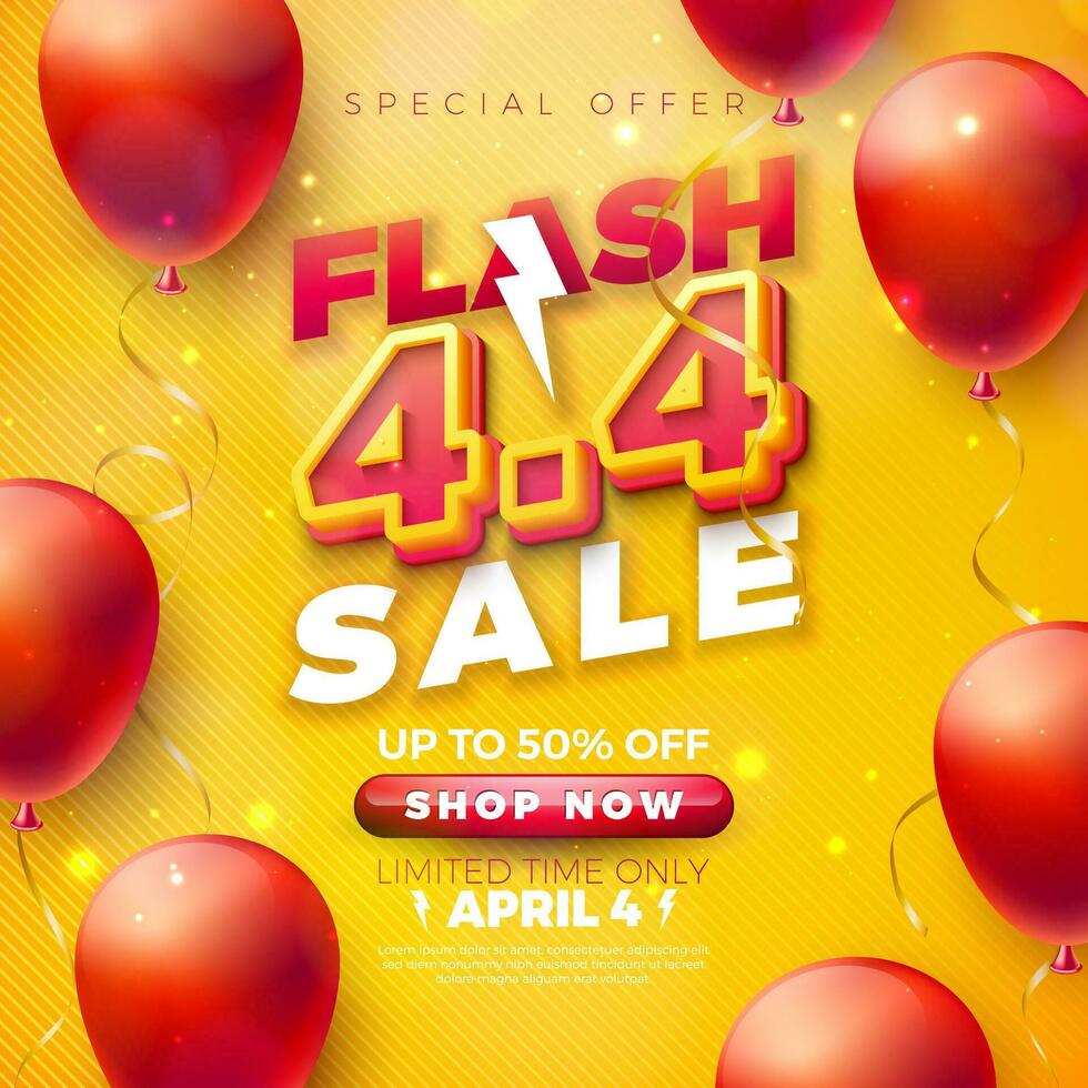 Promotional Business Flash Sale Design with 3d 4.4 Number and Party Balloon on Yellow Background. Vector April 4 Special Offer Illustration for Coupon, Voucher, Banner, Flyer,