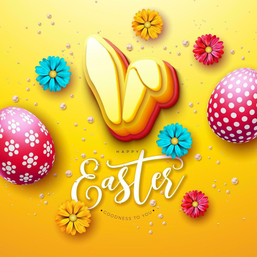 contento Pascua de Resurrección ilustración con pintado huevo, primavera flor y 3d Conejo orejas símbolo en amarillo antecedentes. vector Pascua de Resurrección día fiesta diseño para volantes, saludo tarjeta, bandera, póster o fiesta invitación