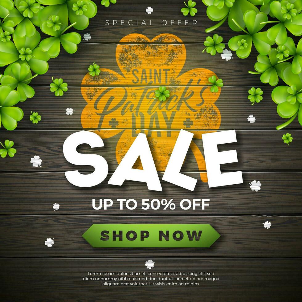 St. Patrick's Day Sale Design, with Green Clover and Typography Letter on Vintage Wood Background. Vector Irish Lucky Holiday Design Template for Coupon, Banner, Voucher or Promotional Poster