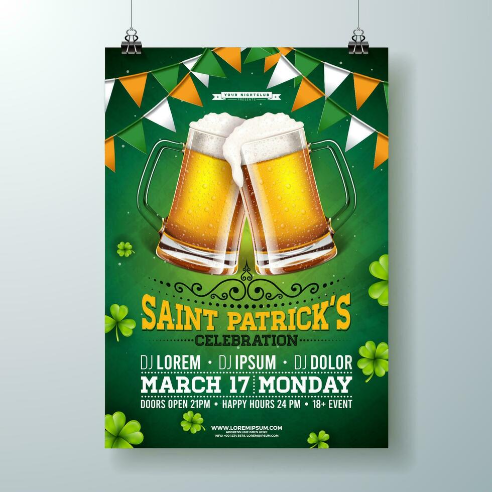 Saint Patricks Day Party Flyer Illustration with Beer, Flag and Clover on Green Background. Vector Irish Lucky Holiday Design for Celebration Poster, Banner or Invitation