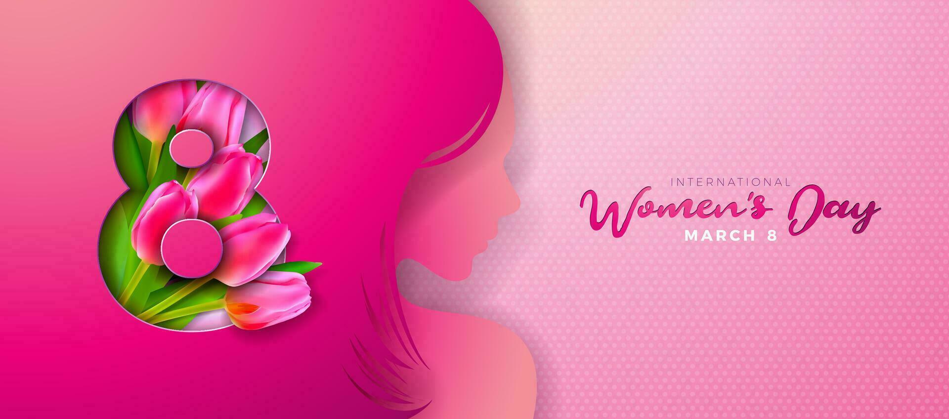 8 March. Happy Women's Day Floral Illustration. International Womens Day Vector Design with Tulip Flower and Young Woman Silhouette on Pink Background. Women or Mother Day Theme Template for Flyer