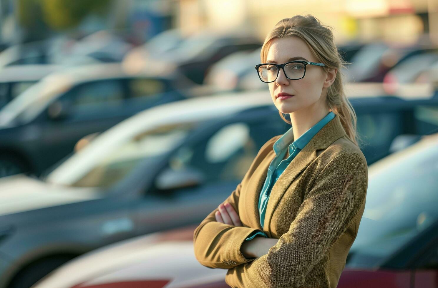 AI generated a person real estate business woman standing in front of car lots photo
