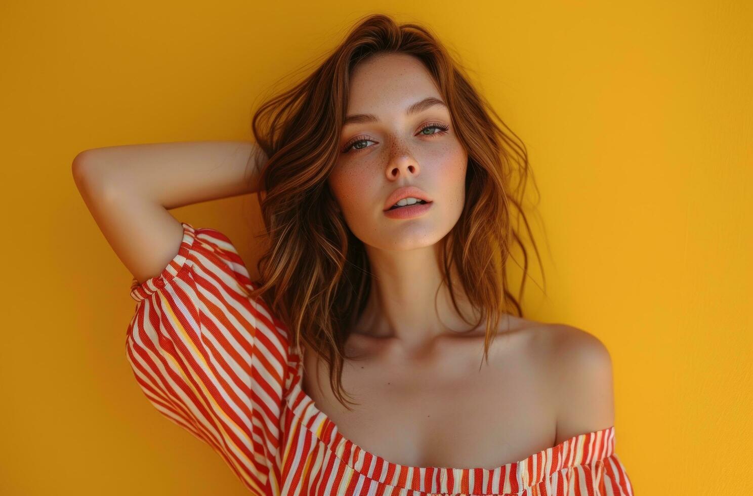 AI generated a young woman in red and white stripe dress posing on a yellow background photo