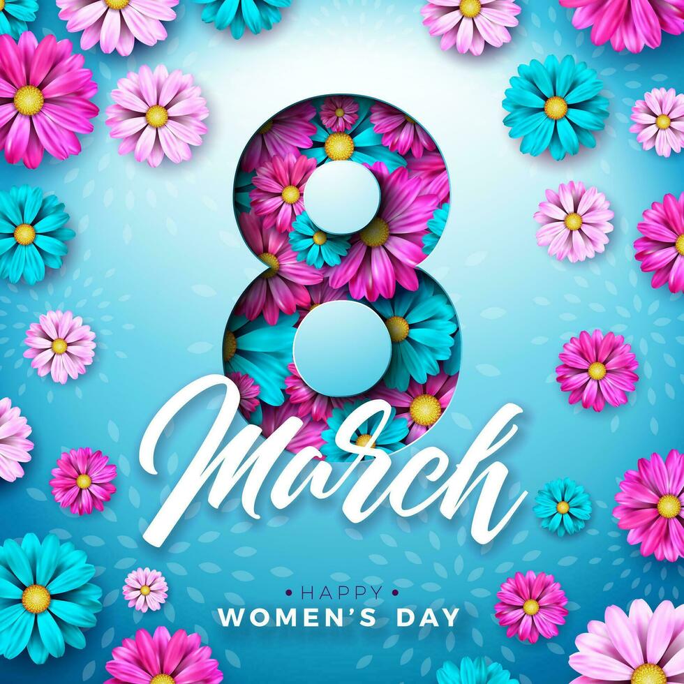 Happy Women's Day Floral Illustration. 8 March International Womens Day Vector Design with Colorful Spring Flower on Blue Background. Woman or Mother Day Theme Template for Flyer, Greeting Card