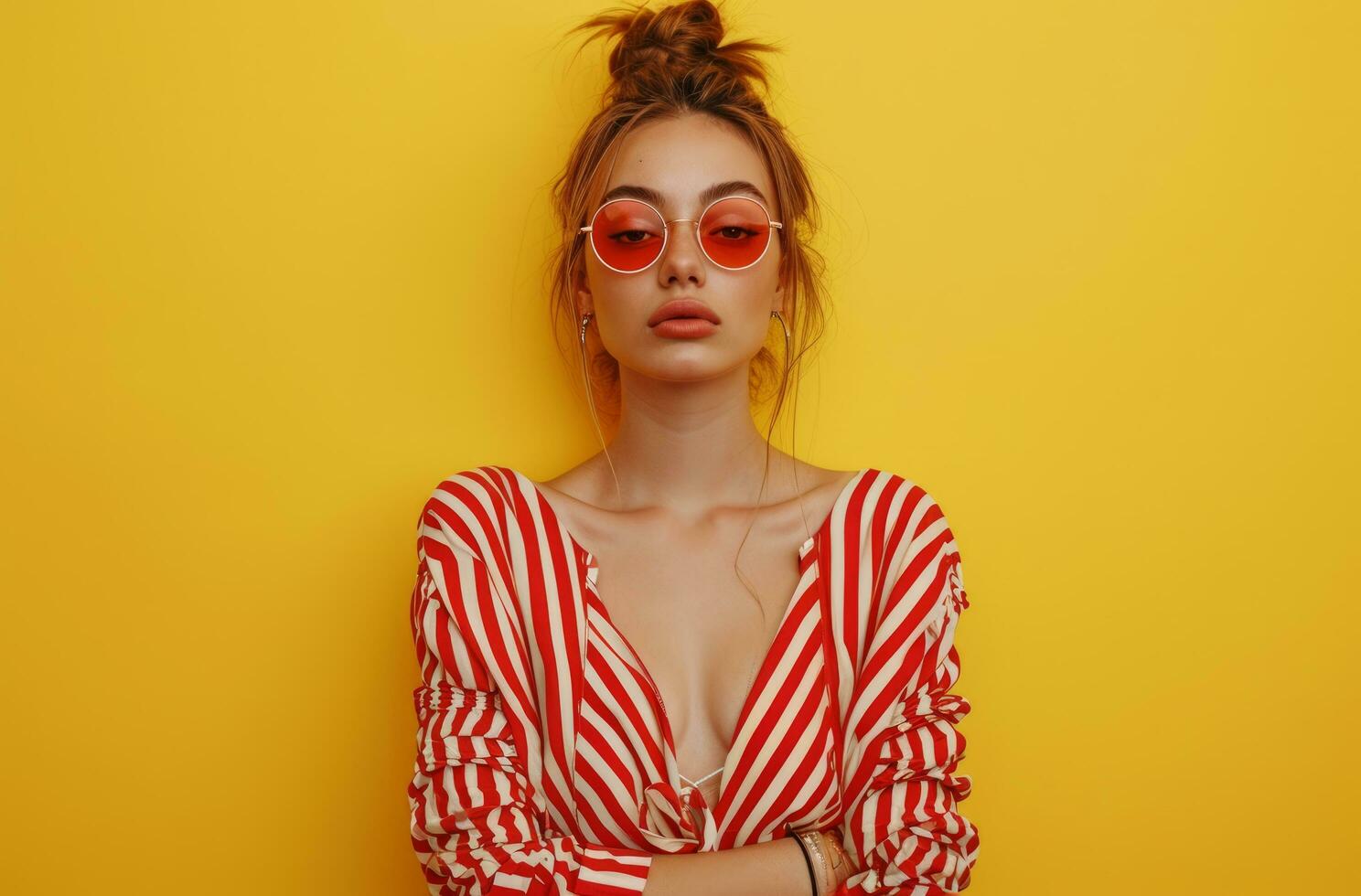 AI generated a young woman in red and white stripe dress posing on a yellow background photo