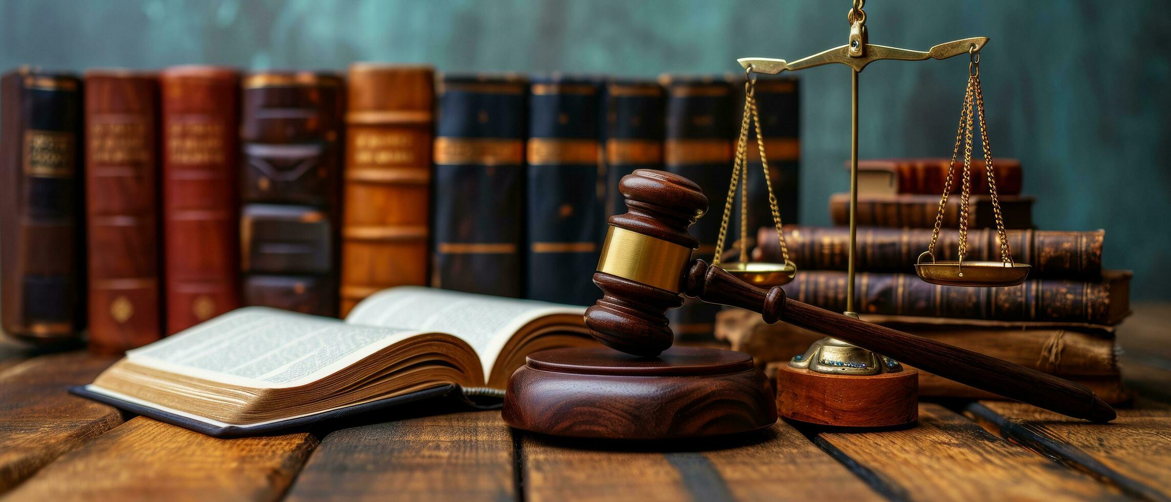 AI generated a wooden gavel and scales with books behind it photo