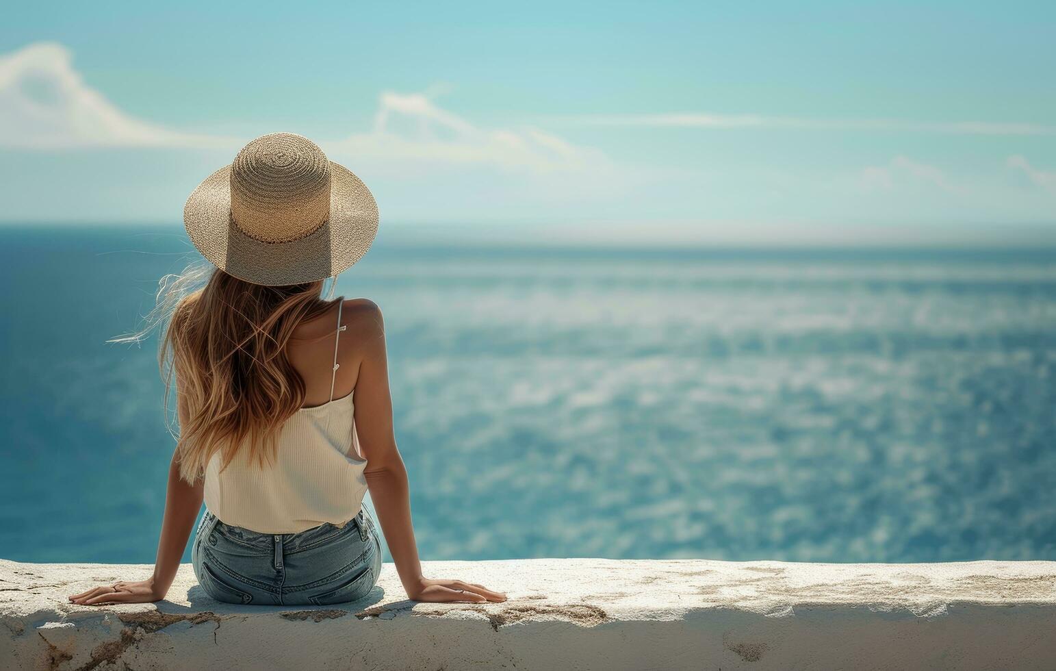 AI generated a woman with a hat sits on the edge of a wall looking out at the sea photo