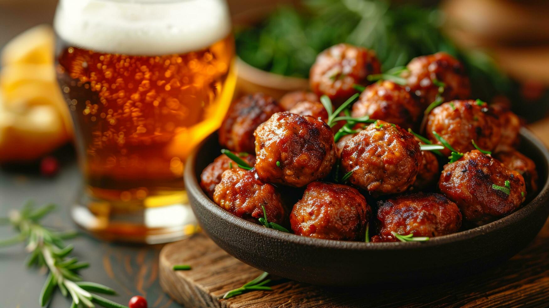 AI generated an atractive and tastefull image of meatballs portion and pint of beer together photo
