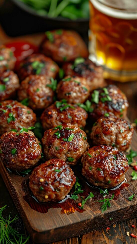 AI generated an atractive and tastefull image of meatballs portion and pint of beer together photo