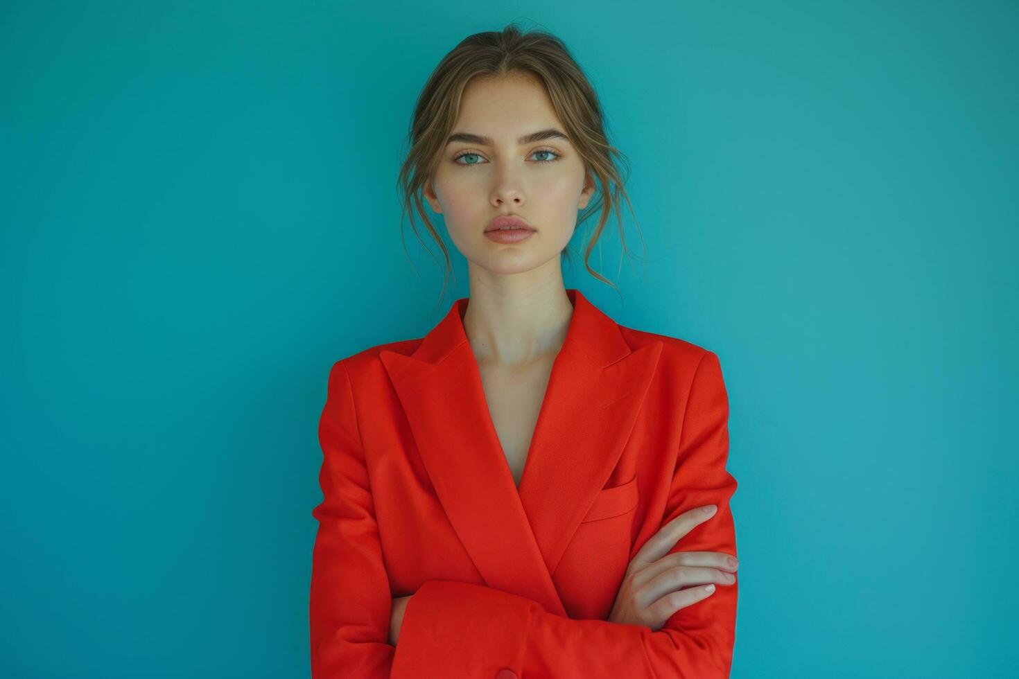 AI generated a young woman standing in front of a blue background with her arms folded photo