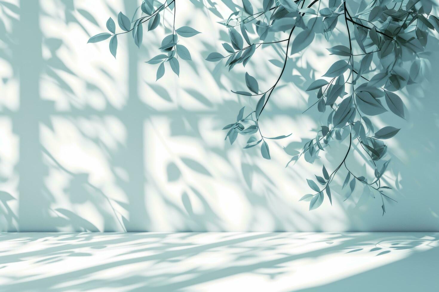 AI generated an empty white room with leaves and shadows photo