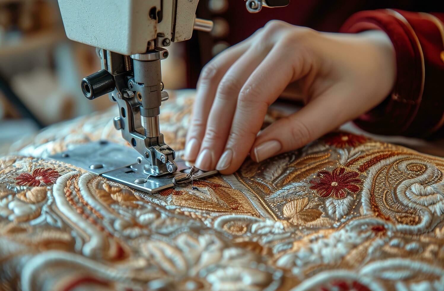 AI generated a hands on in a fabric stitching a skirt on a sewing machine photo