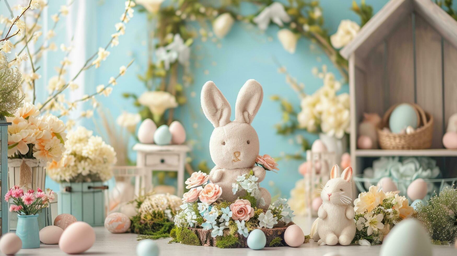 AI generated A dreamy Easter setting with imaginative decor, providing a captivating backdrop for creative promotions photo