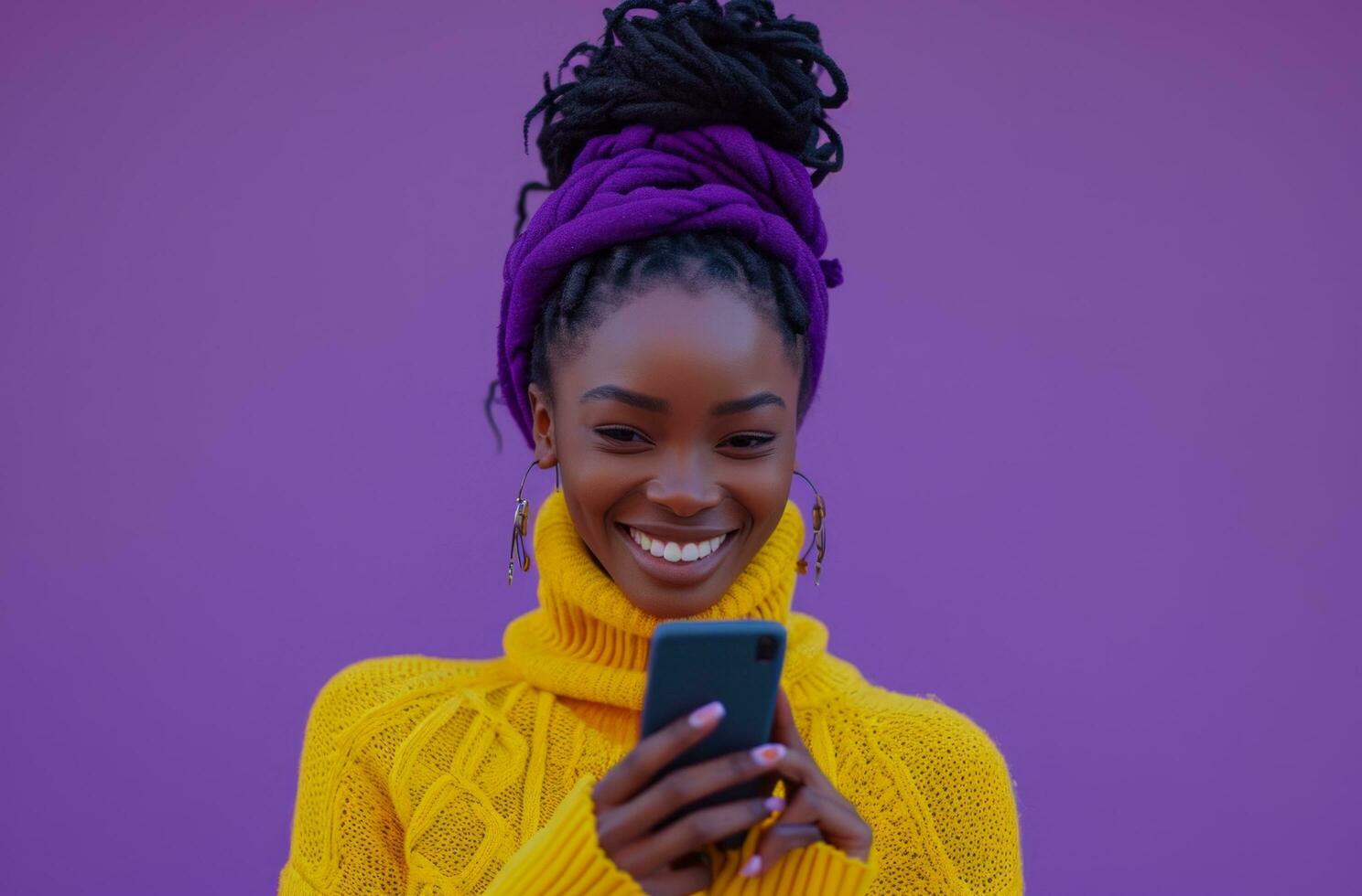 AI generated black woman using cell phone and smiling in background against purple photo