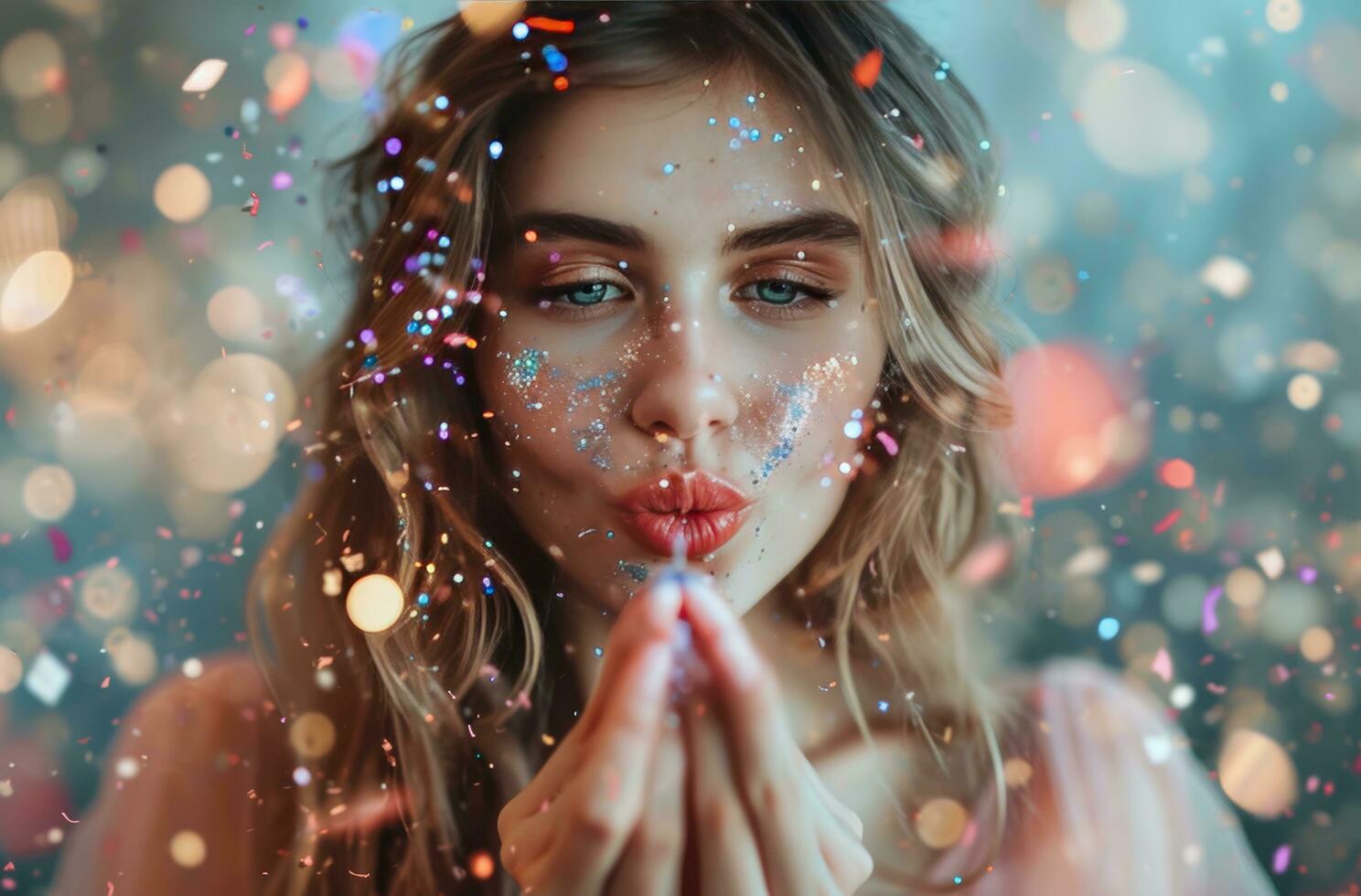 AI generated a woman is holding confetti in a pink dress and blowing it into the sky photo