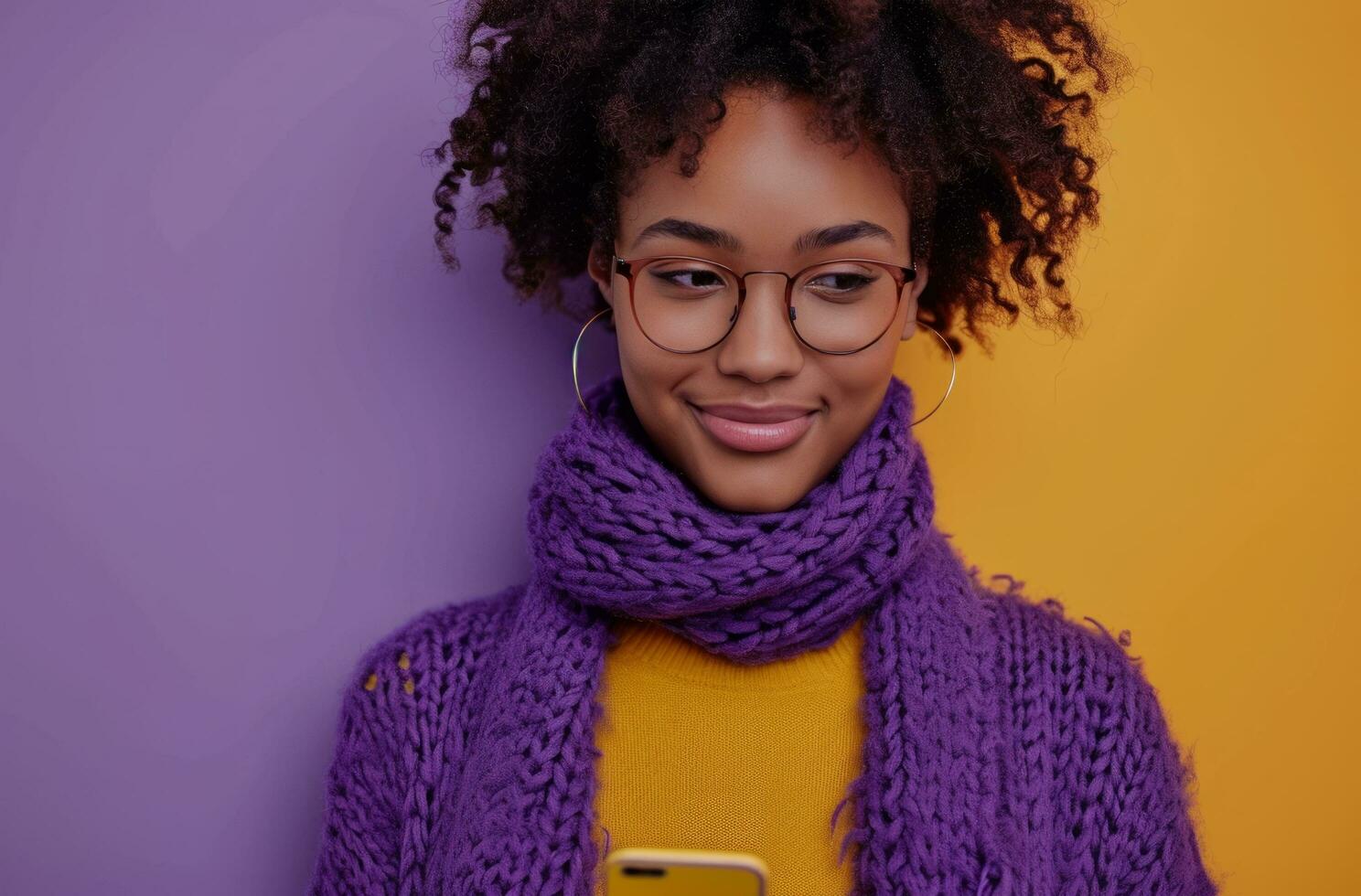 AI generated a woman using her cellphone against purple background photo