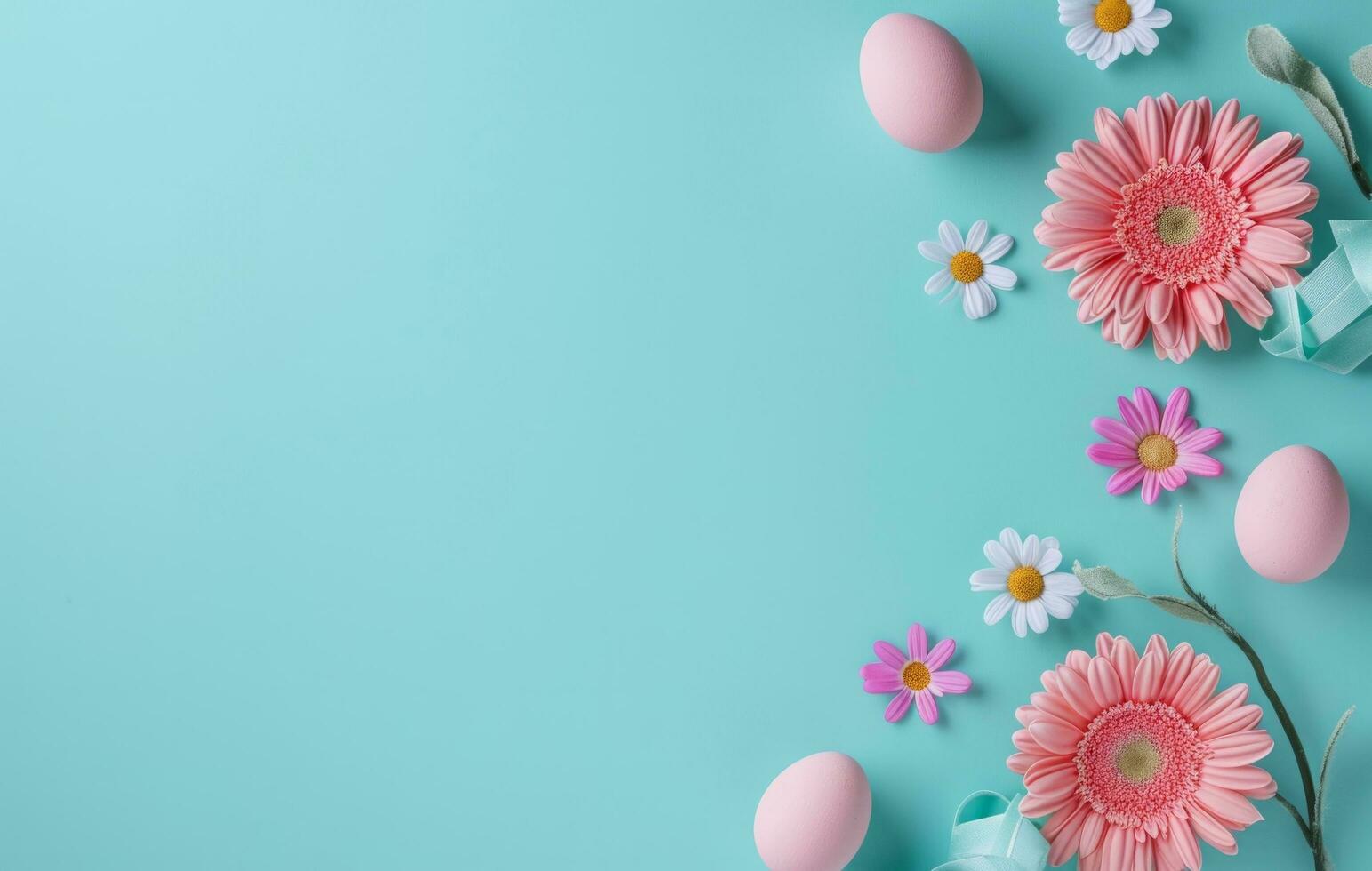 AI generated a sheet with flower, empty egg and eggs on a blue background copy space for writing with blank paper photo