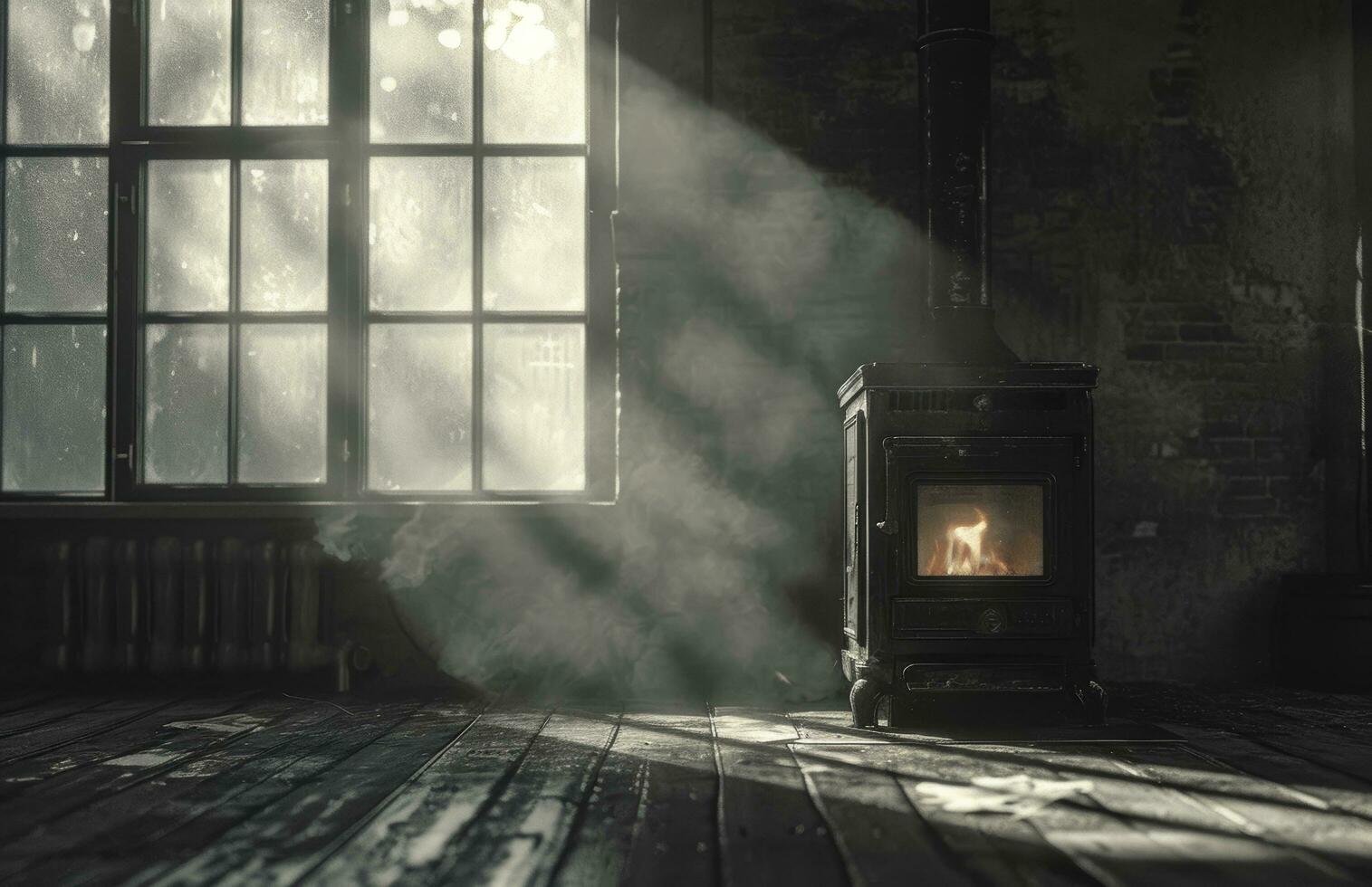 ai generado un antiguo madera ardiente estufa en el casa, foto