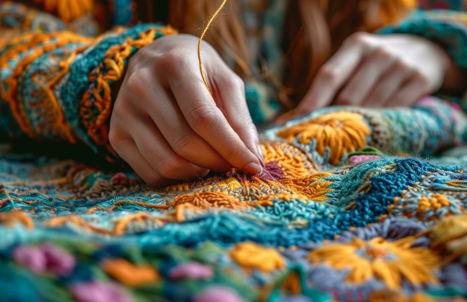 AI generated a woman threading the stitches of a stitched quilt photo