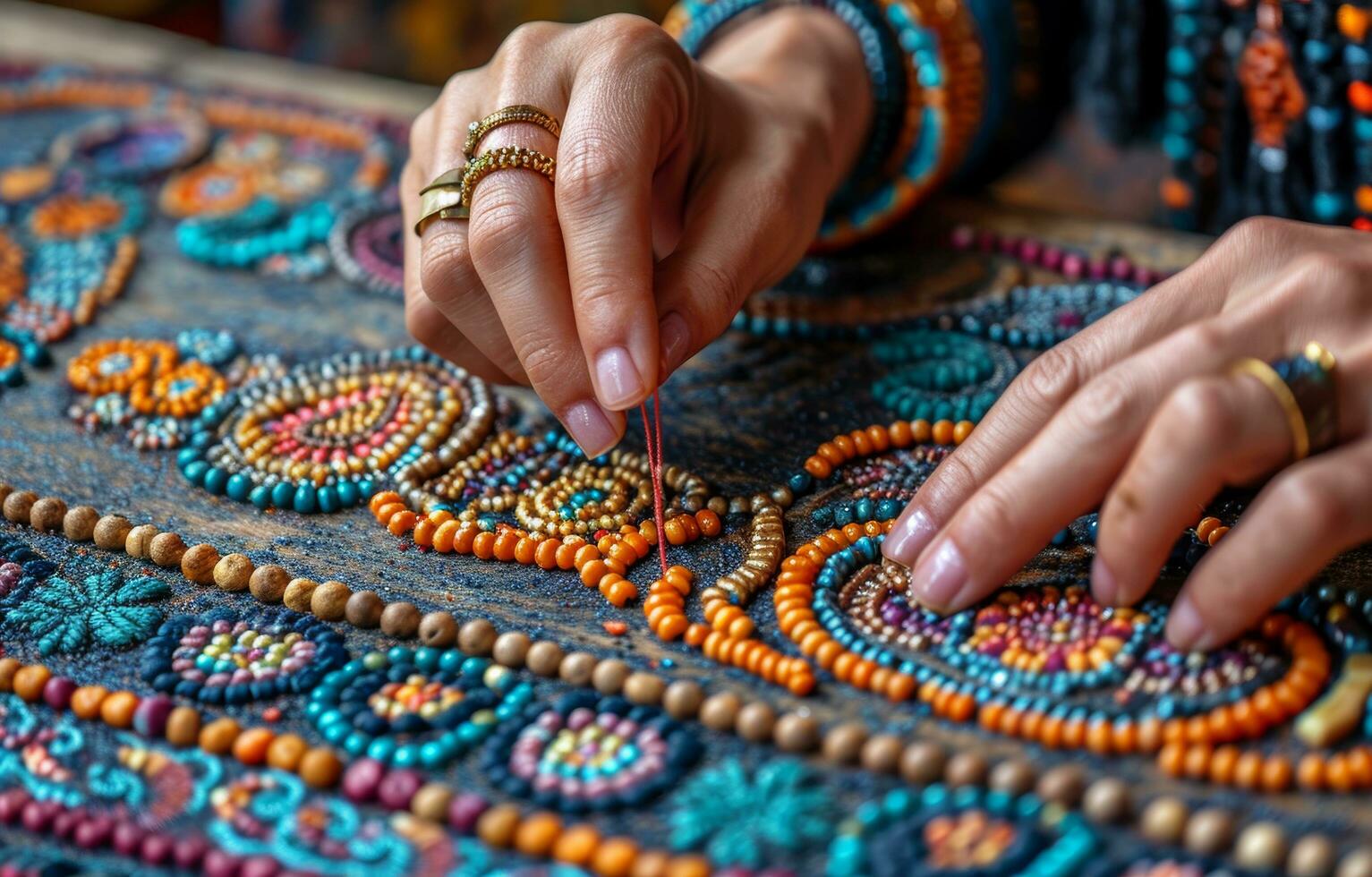 AI generated a woman threading the stitches of a stitched quilt photo