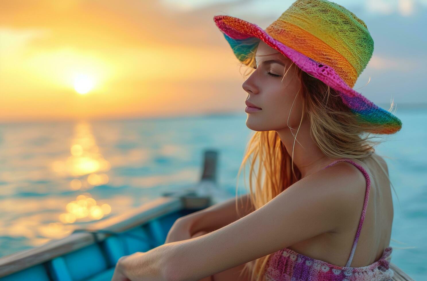 AI generated a woman wearing a rainbow hat and sitting on a boat photo