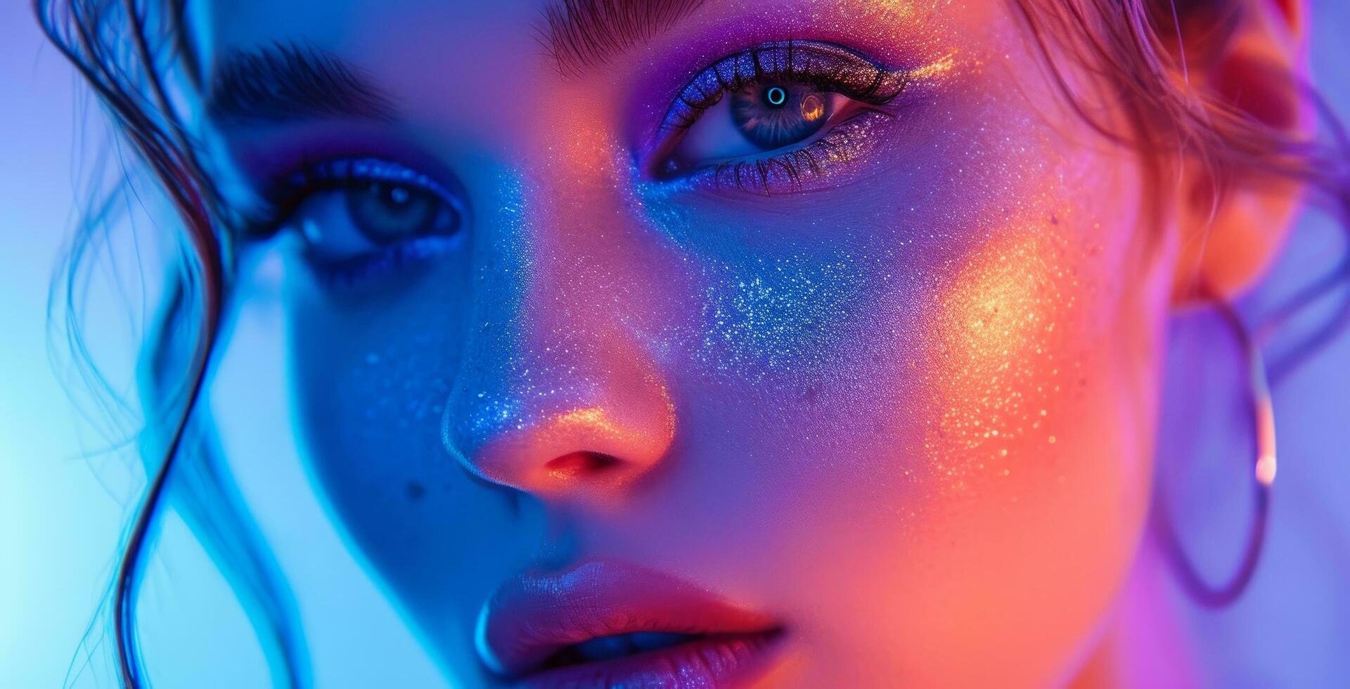 AI generated a woman with eyes and ear lobes in neon colors photo