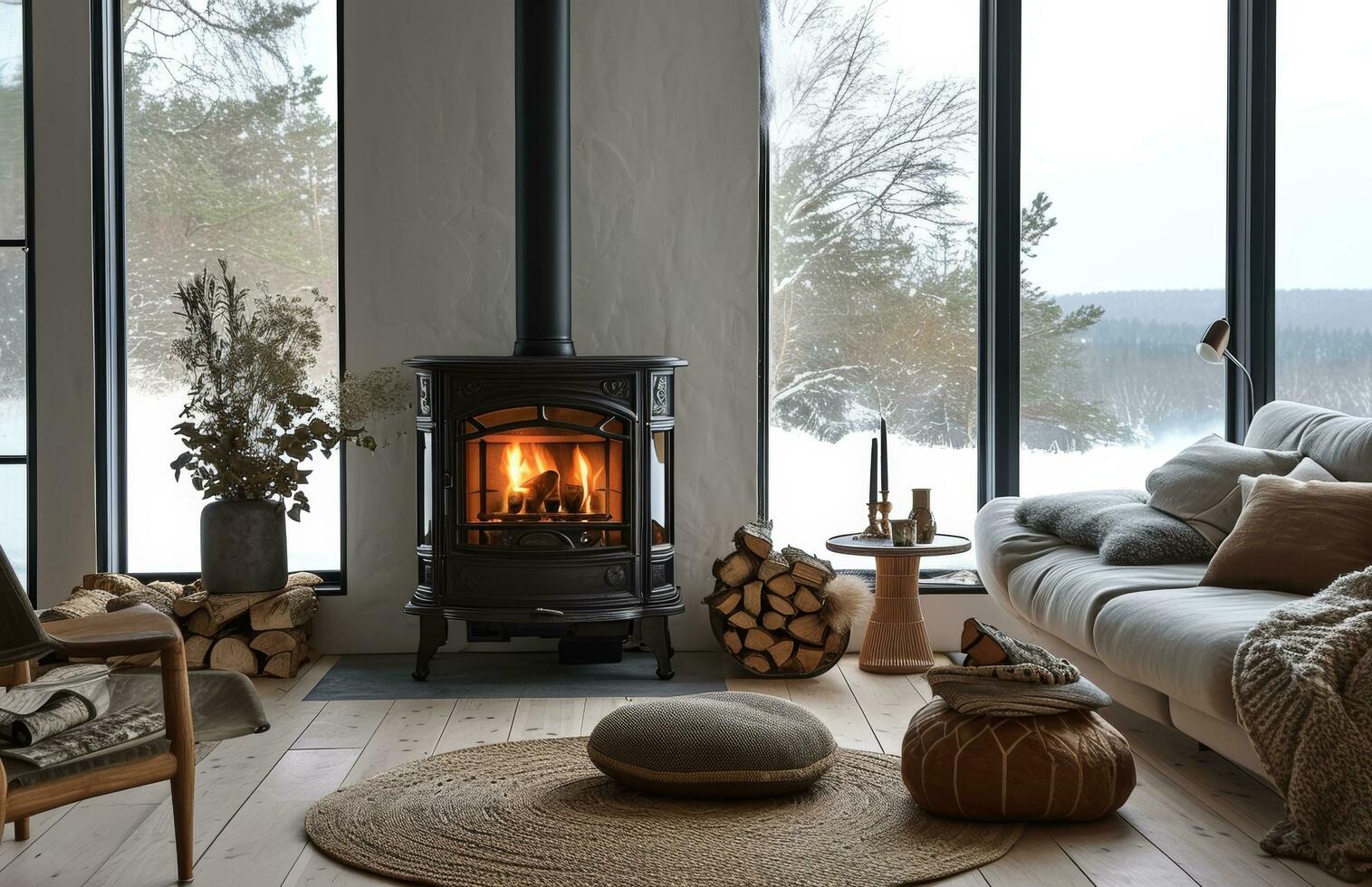 AI generated black stove in a living room with a fireplace photo