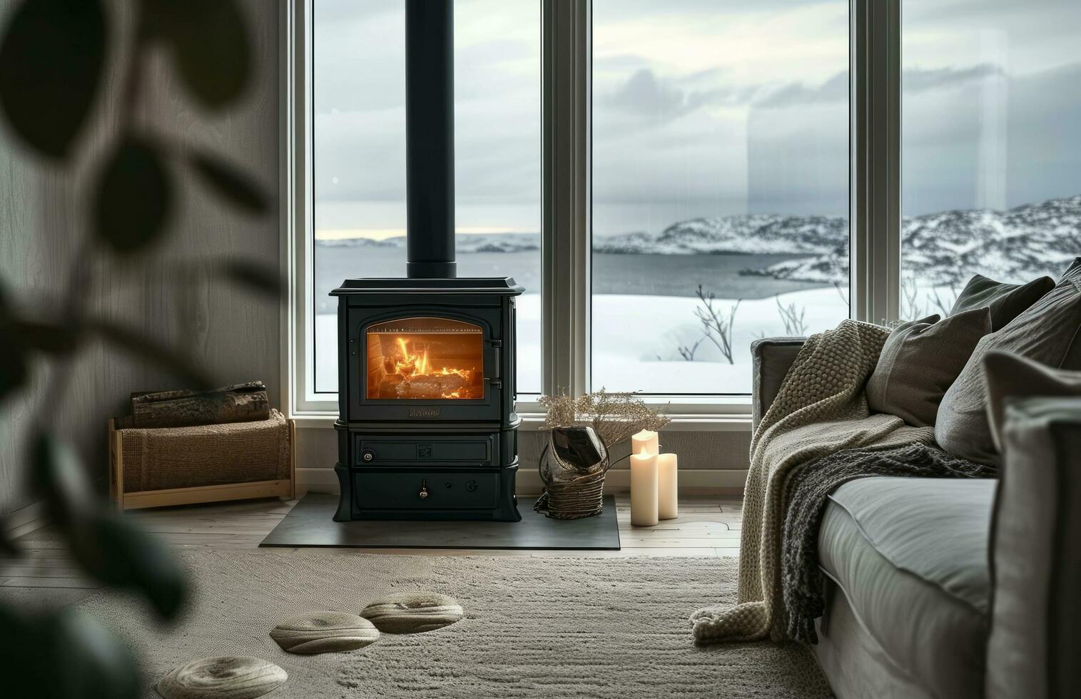 AI generated black stove in a living room with a fireplace photo