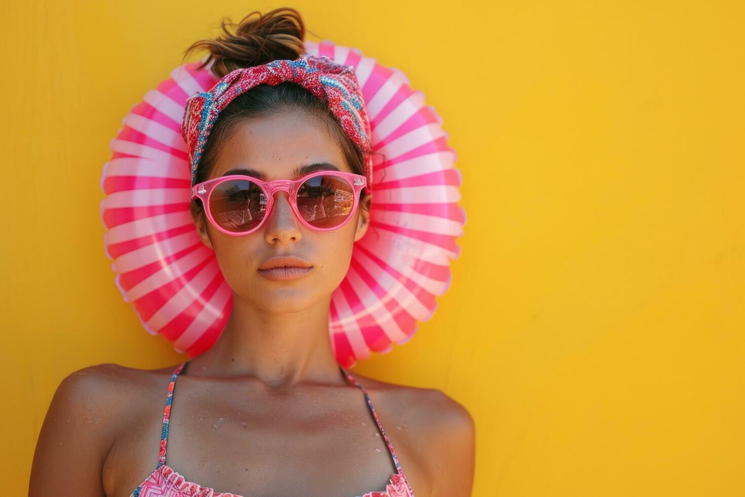 ai generado un mujer vistiendo un inflable anillo en un amarillo antecedentes foto