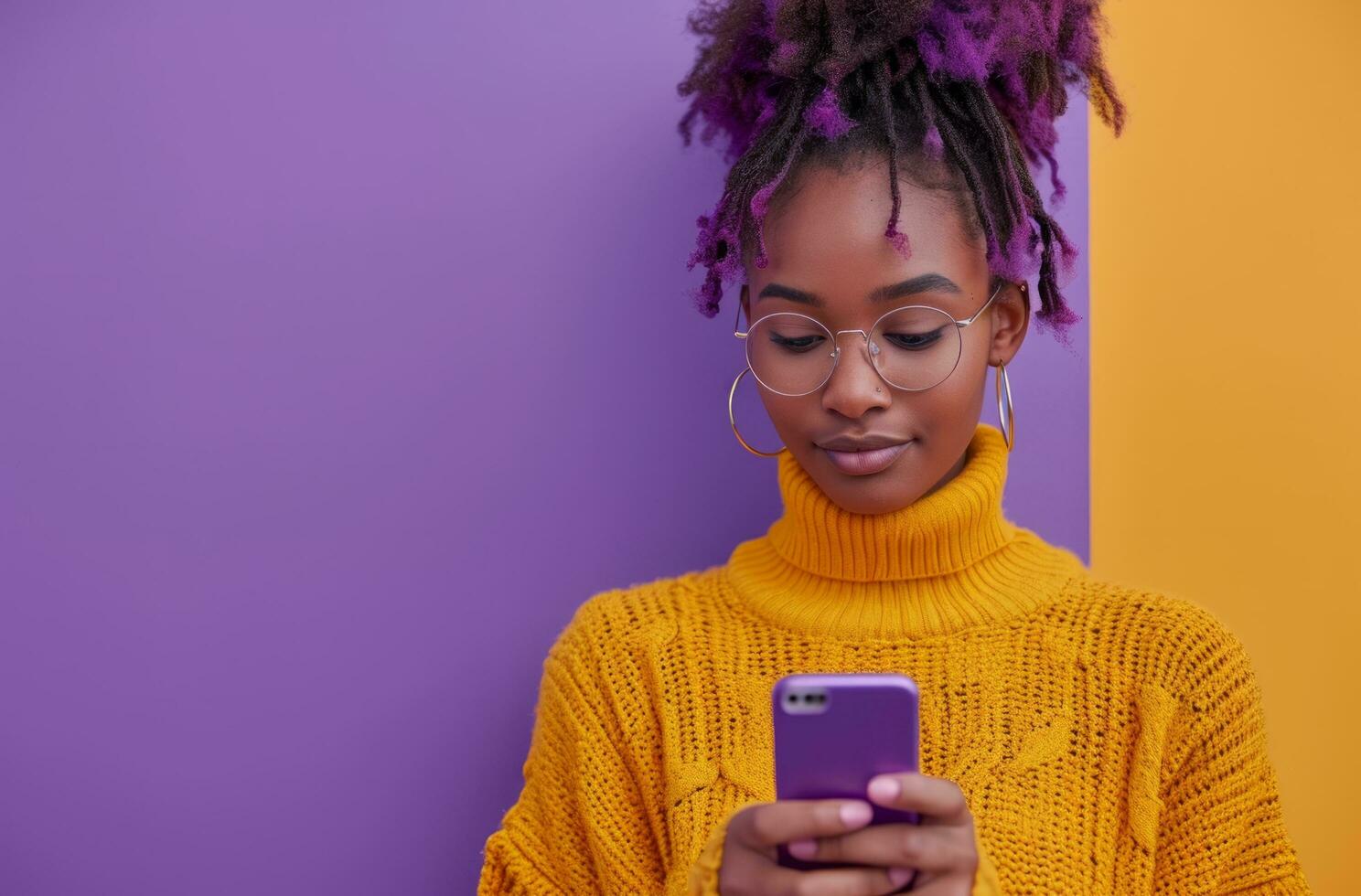 AI generated a woman using her cellphone against purple background photo